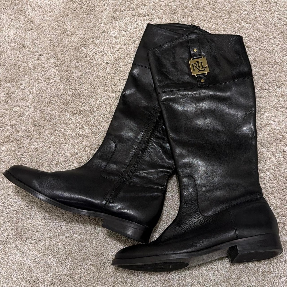 90s Vintage Lauren Ralph Lauren Knee High Leather Boots | Black | Size 7.5